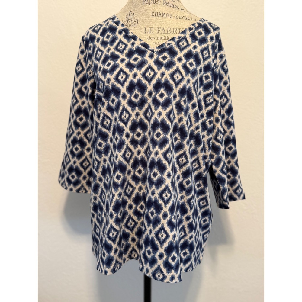 Denim & Co Blue White Ikat Diamond Print V-Neck 3/4 Sleeve Top 1X
